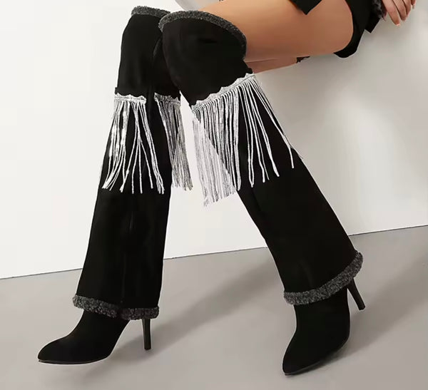 Women Black Furry Suede Tassel Fashion Over The Knee High Heel Boots