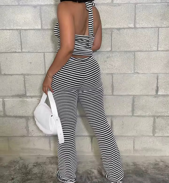 Women Sexy Striped Halter Sleeveless Two Piece Pant Set
