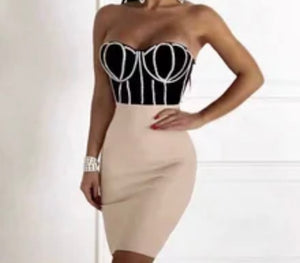 Women Sexy Strapless Rhinestone Patchwork Back Zipper Dress