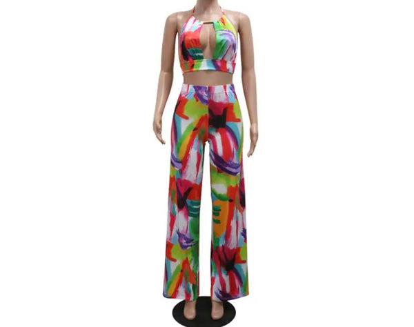 Women Sexy Halter Sleeveless Multicolored Print Two Piece Pant Set