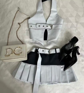 Women Fashion PU Belted Halter Two Piece Pleated Skirt Set