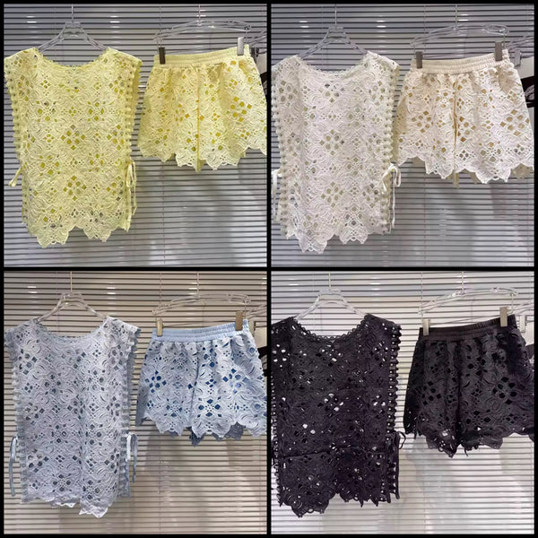 Women Color Lace Sleeveless Fashion Two Piece Short Set