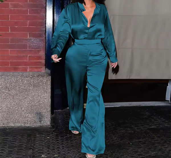 Women Color Satin Full Sleeve Two Piece Fashion Pant Set