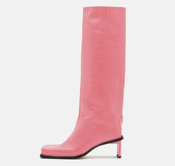 Women Square Toe Faux Leather Fashion Knee High Boots