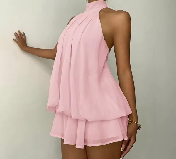 Women Sexy Halter Sleeveless Ruffled Mesh Dress