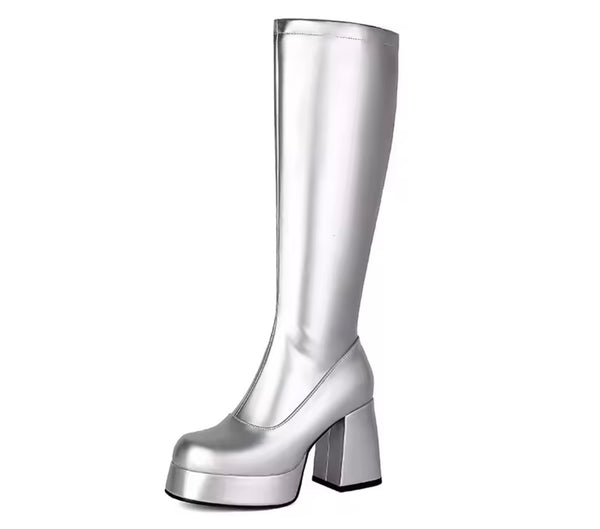 Women Fashion Round Toe Patent Leather Square Heel Boots