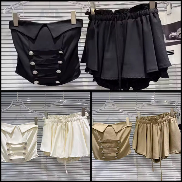 Women Button Strapless Fashion Two Piece Short Set