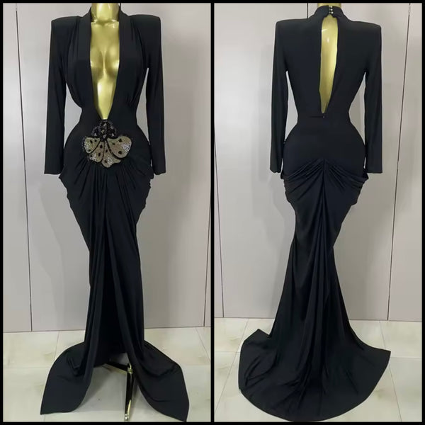 Women Sexy Black Deep V-Neck Full Sleeve Bling Maxi Dress