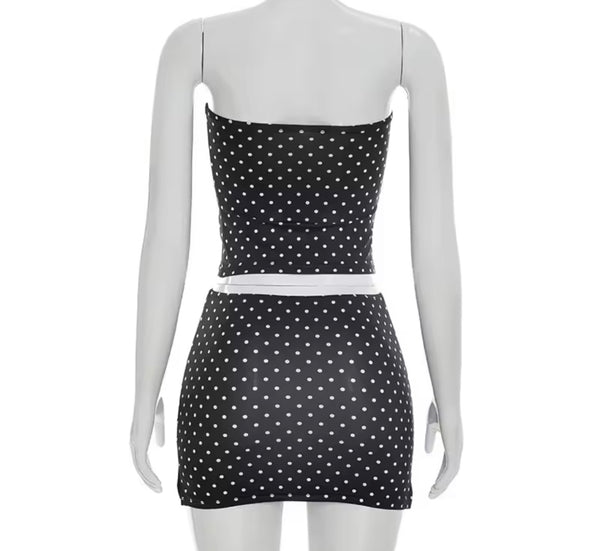 Women Sexy Strapless Polka Dot Two Piece Skirt Set