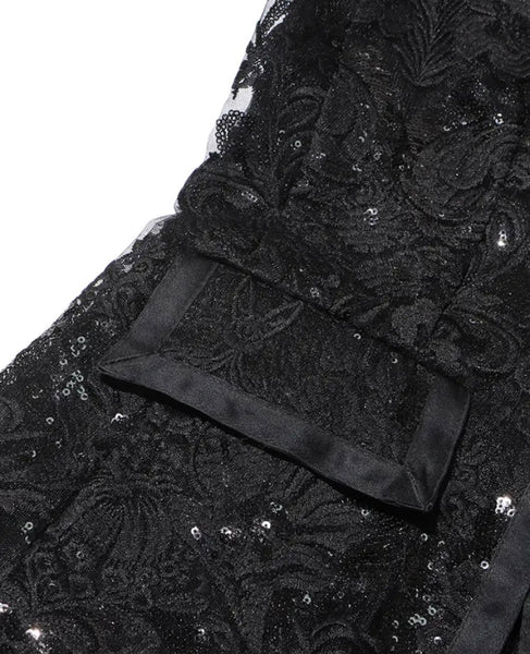 Women Sexy Fashion Black Lace Sequins Two Piece Blazer Pant Set