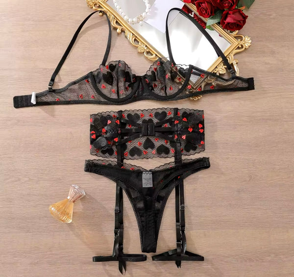 Women Sexy Heart Color Patchwork Mesh Lingerie Set