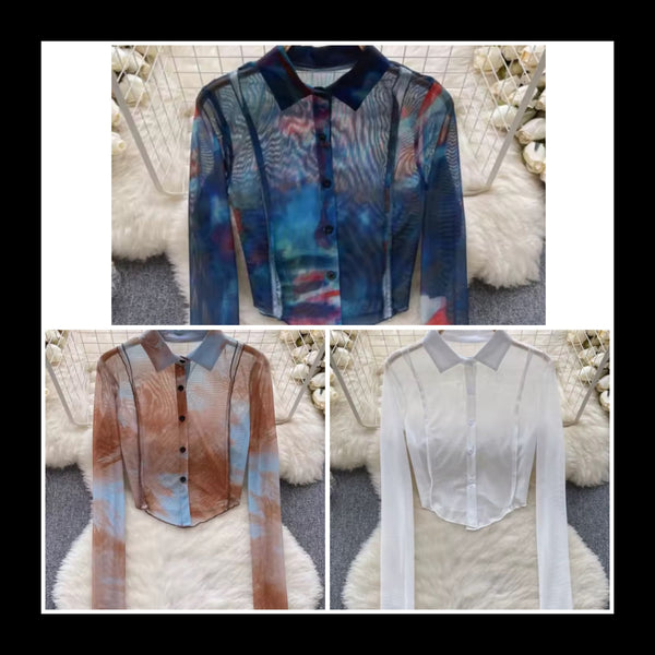 Women Fashion Collar Button Up Mesh Full Sleeve Top