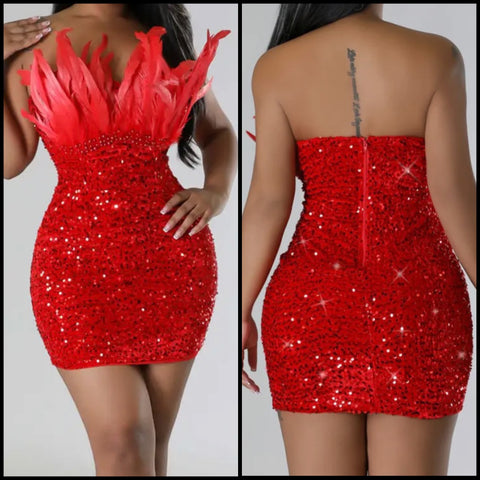 Women Sexy Strapless Red Feather Sequins Dress