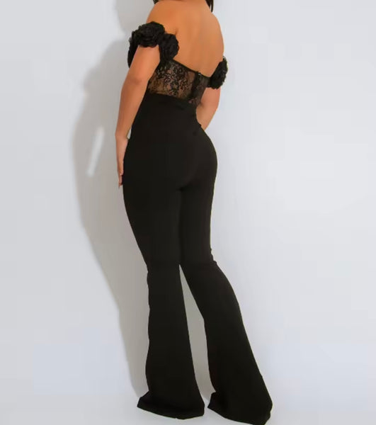 Women Sexy Ruffled Off The Shoulder Lace Patchwork Jumpsuit
