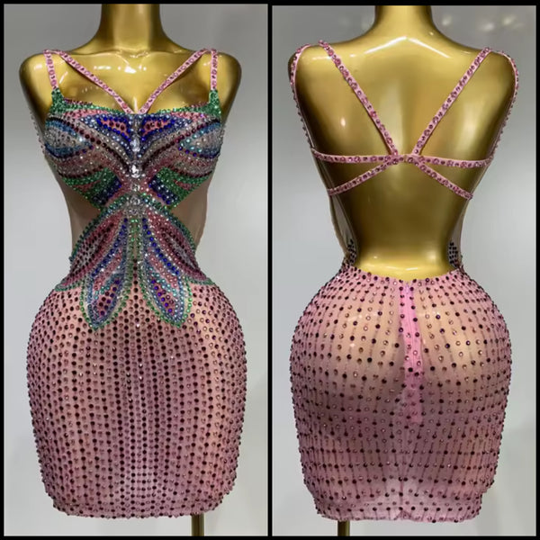 Women Sexy Sleeveless Open Back Color Rhinestone Dress