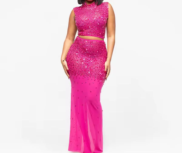 Women Sexy Color Sleeveless Crystal Mesh Two Piece Maxi Skirt Set