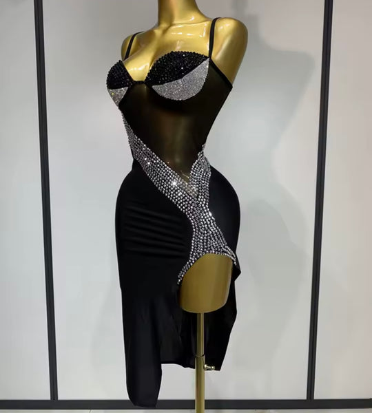 Women Sexy Sleeveless Black Rhinestone Mesh Patchwork Dress