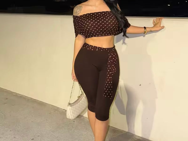 Women Fashion Off The Shoulder Polka Dot Two Piece Capri Pant Set