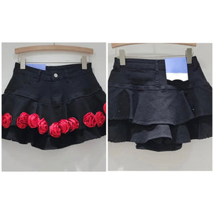 Women Fashion Black Red Floral Ruffled Denim Skirt