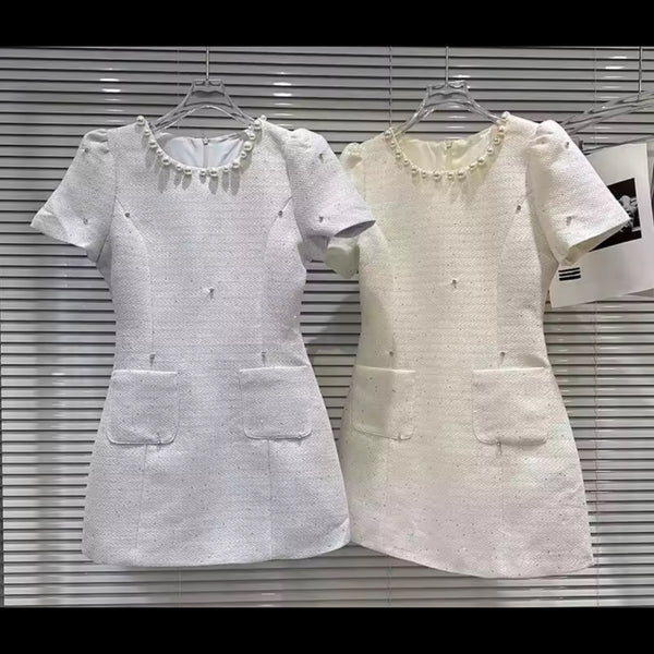 Women Pearl Rhinestone Short Sleeve Tweed Dress