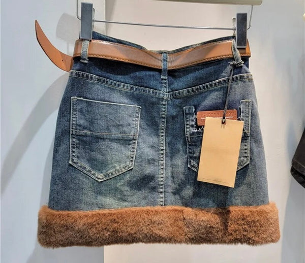 Women Faux Fur Patchwork Fashion Denim Skirt