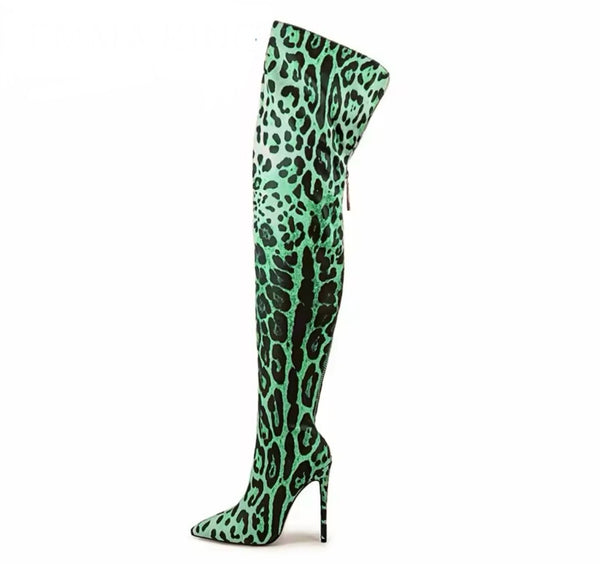 Women Fashion Animal Print Over The Knee High Heel Boots