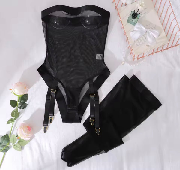 Women Sexy Black Strapless Mesh Bodysuit Lingerie Set