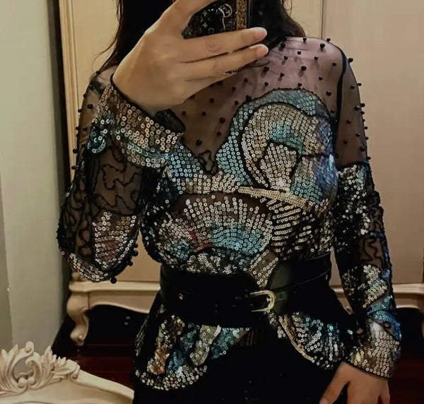 Women Fashion Colorful Sequins Print Full Sleeve Top