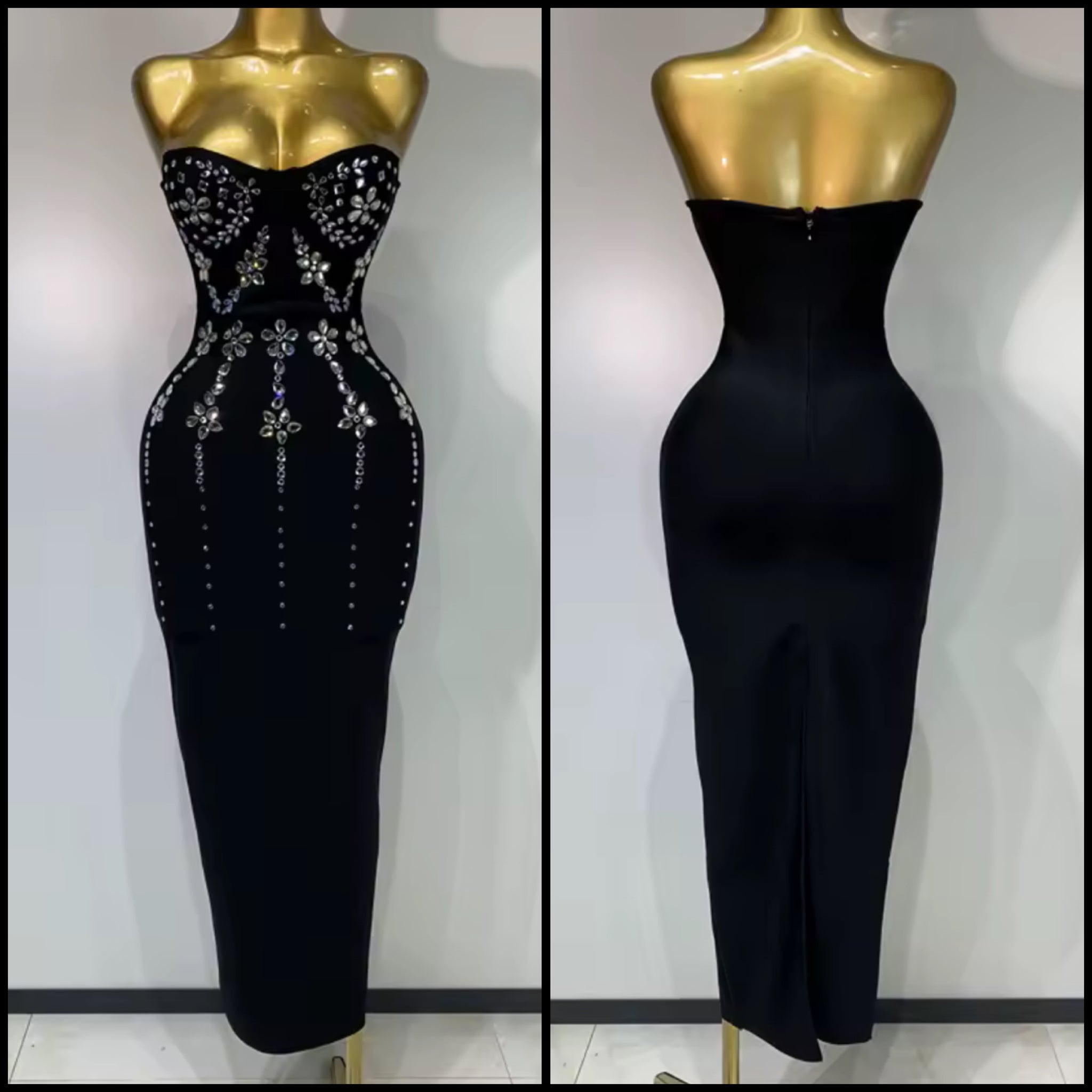 Women Sexy Black Strapless Floral Rhinestone Maxi Dress