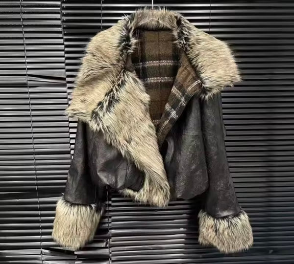 Women Faux Leather Reversible Plaid Fur Two Piece Skirt Set