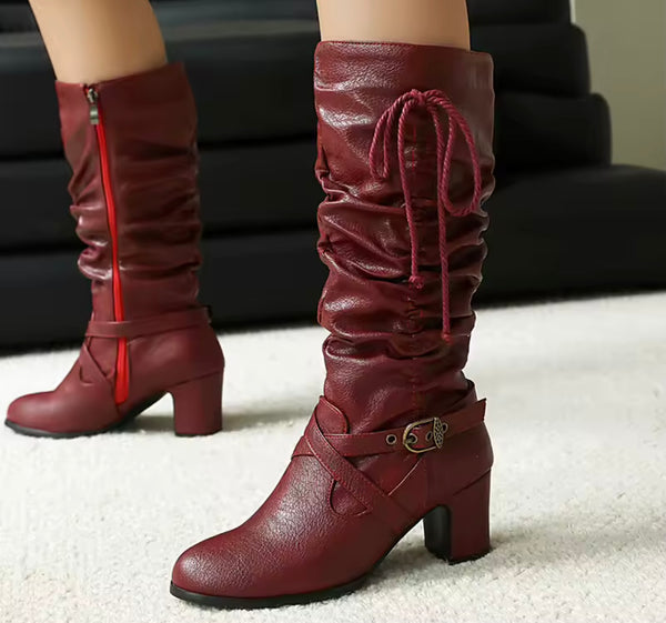 Women Fashion Buckled Ruched Tie Up Faux Leather Boots