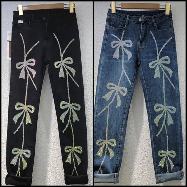 Women Fashion Bling Bow Denim Pants