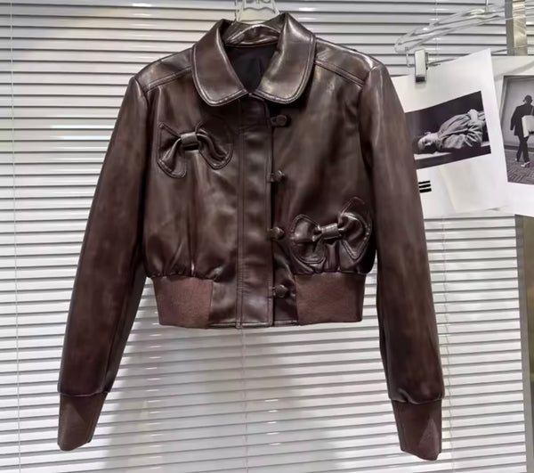 Women Fashion Brown Bow Faux Leather Jacket Two Piece Skirt Set