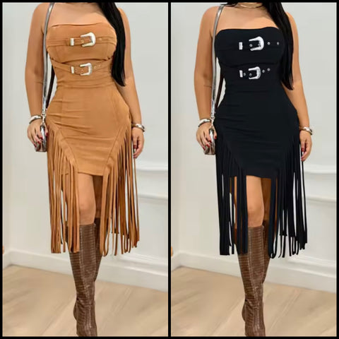 Women Sexy Buckled Strapless Fringe Tassel Suede Dress