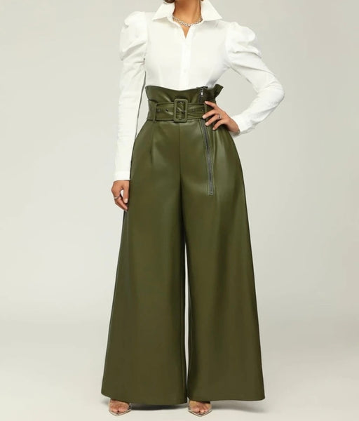 Women Side Zipper Fashion Faux Leather Wide Leg Pants