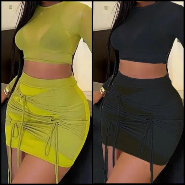 Women Sexy Mesh Full Sleeve Tie Up Two Piece Skirt Set