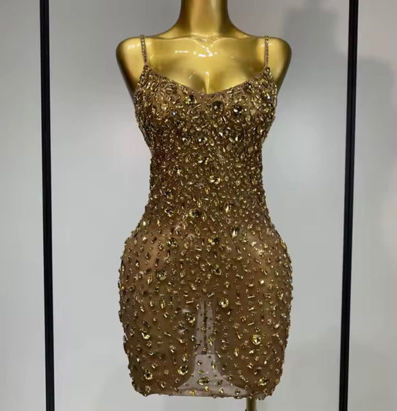 Women Sexy Sleeveless Rhinestone Mesh Dress