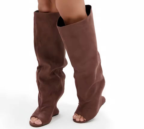 Women Color Open Toe Suede Wedge Knee High Boots