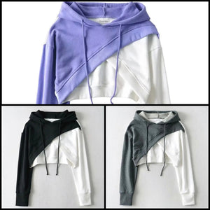 Women Fashion Color Patchwork Hooded Crop Top