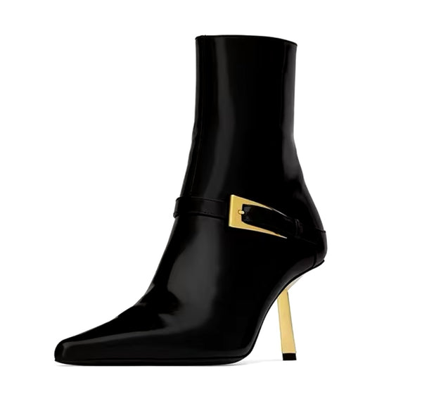 Women Fashion Pointed Toe Gold Buckled High Heel Ankle Boots