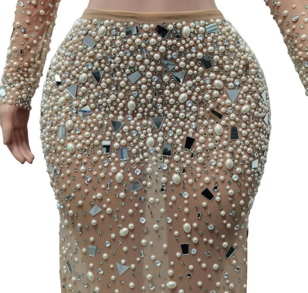 Women Nude Sexy Beaded Bling Full Sleeve Two Piece Mesh Skirt Set