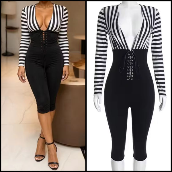 Women Fashion B&W Striped Full Sleeve Lace Up Capri Jumpsuit