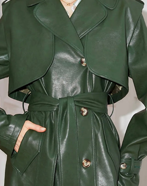 Women Green Fashion Faux Leather Trench Jacket