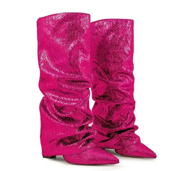 Women Color Ruched Sequins Fashion Knee High Boots