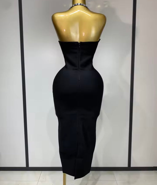 Women Sexy Halter Sleeveless Black Rhinestone Bandage Dress