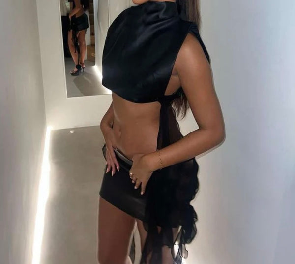 Women Sexy Sleeveless Black Tassel Two Piece PU Skirt Set