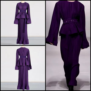 Women Purple Pleated Full Sleeve Two Piece Maxi Skirt Set