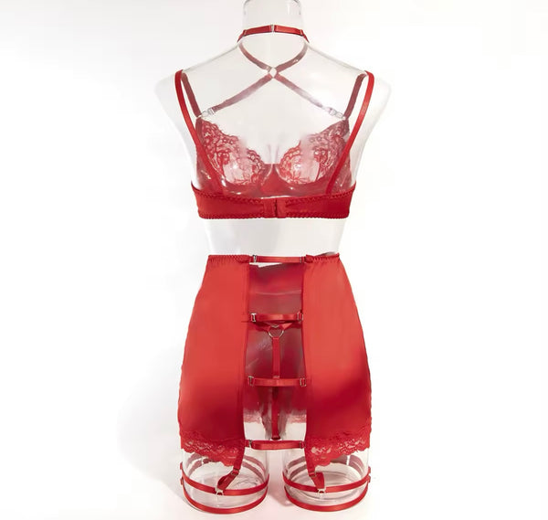 Women Sexy Satin Lace Cut Out Lingerie Set