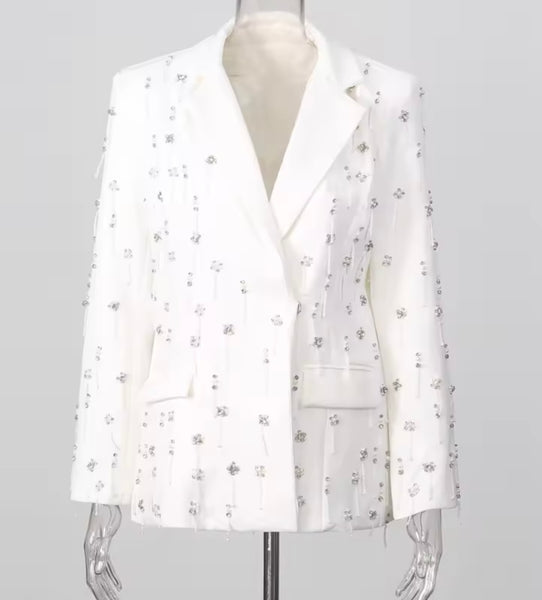 Women Fashion Rhinestone Tassel Blazer Two Piece Pant Set