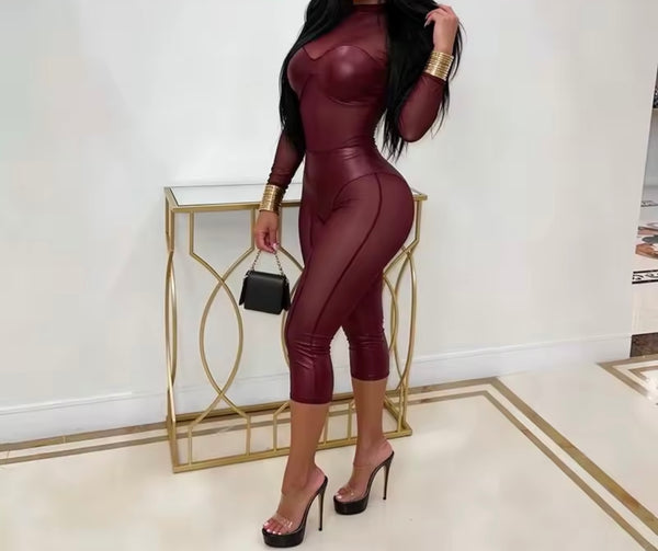 Women Sexy Fashion PU Mesh Patchwork Full Sleeve Capri Jumpsuit